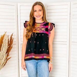 Off To Cabo Black Embroidered Blouse